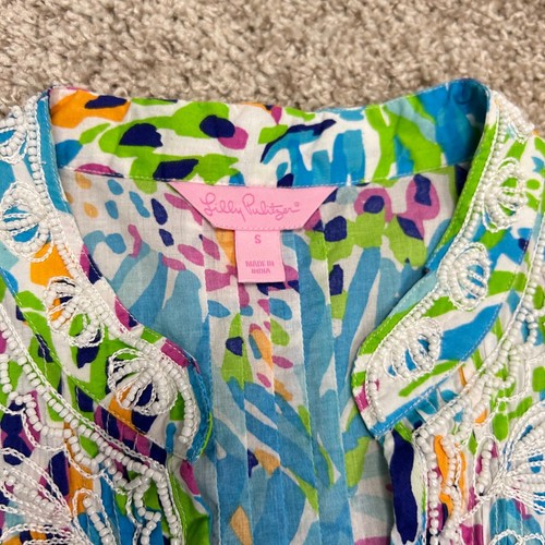 Lilly Pulitzer Sarasota Tunic Sea Soiree Women Size Small Beaded Cotton Floral - Picture 7 of 8