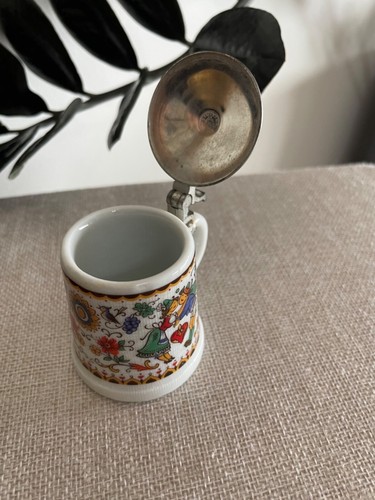 German Beer Stein, Zinn BMF Miniature Porcelain, Mid Century Pewter Lid Folk - Picture 5 of 9