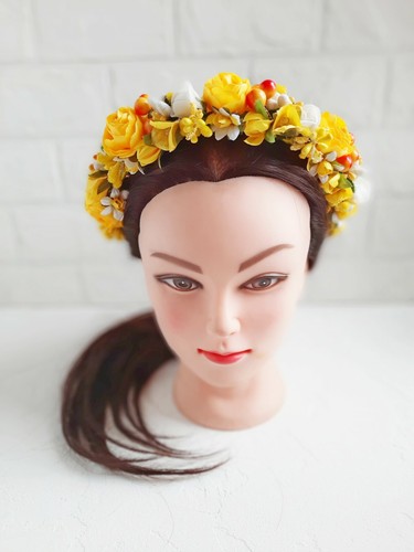 Ukrainian Yellow Wreath Flower Hoop without ribbons Headdress Head Crown Vinok - Picture 10 of 10