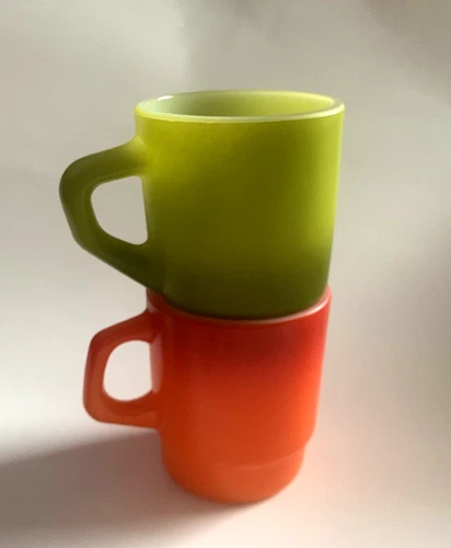 Vtg 1960s FIRE KING Stacking Coffee Cup ANCHOR HOCKING Orange Green MCM Lot of 2