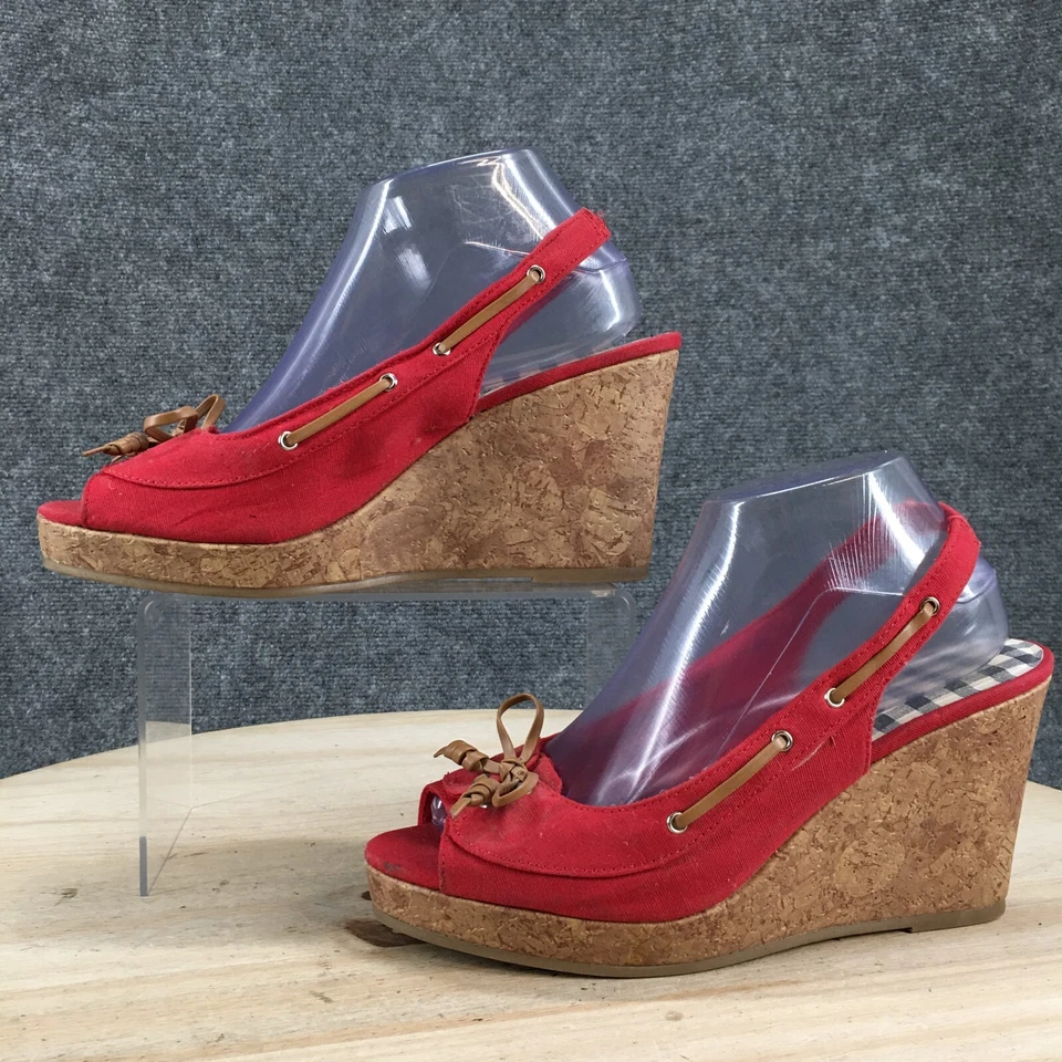 Dexter 凉鞋女式 9 软木露跟楔形高跟鞋一脚蹬红色面料露趾 — 第 2/4 张图片