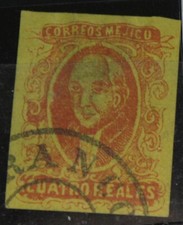  Timbre  oblitéré MEXIQUE N ° 10- 4 r rouge sur jaune  1861 BAR