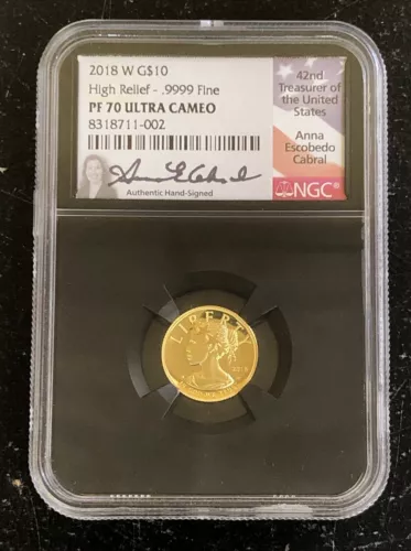 2018-W G$10 .9999 1/10th oz Gold American Liberty High Relief NGC PF70UC Cabral