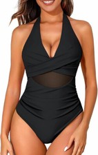NWT 44 SIZE L BLACK One Piece Swimsuits Halter Push Up Tummy Control