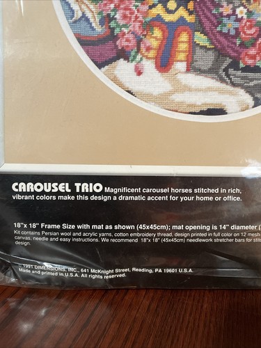 1991 Dimensions Carousel Trio Needlepoint 18”x 18” - Picture 3 of 4