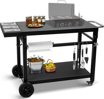 Black Cast Iron Grill Cart with Wheels 2 Shelf Pizza Stand