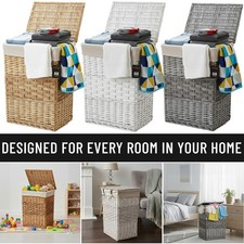 Wicker Laundry Basket With Lining & Lid Bathroom Washing Storage Hamper Bin