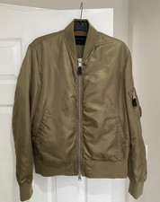 AllSaints Mens khaki brown Bomber Jacket XS Satin Full Zip Pockets Logo