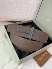 Tom Ford Belt Reversible Silvery T-Buckle, Brown/Black Calfskin Leather Belt