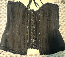 Black Overbust Lace-Up Boned Bustier Corset 2XL Jacquard Floral Ruffle