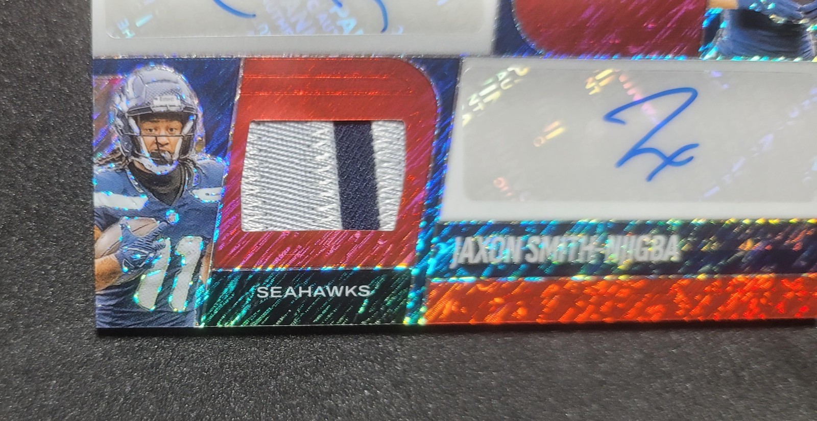Jaxon Smith-Njigba/Cooper Kupp 2025 Panini Prizm Red Shimmer Dual Patch Auto /35 view 5