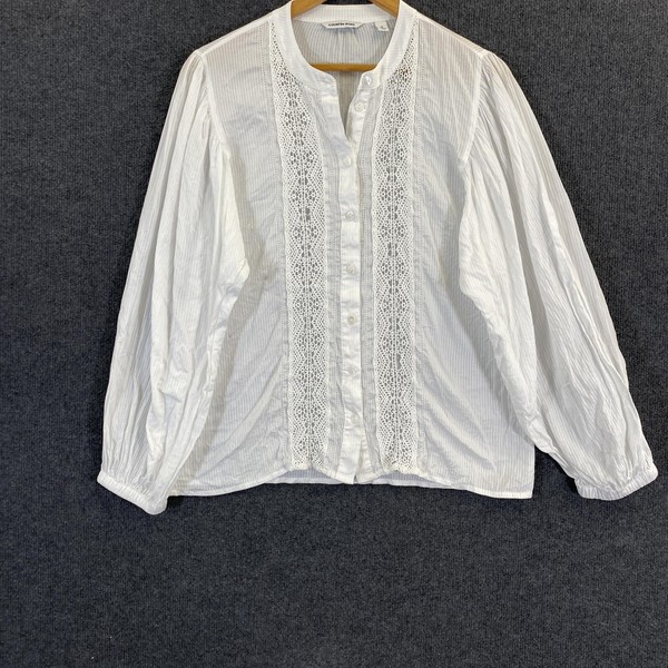 Country Road Shirt Womens 12 White Stripe Crochet Button Up Long Sleeve 100A08