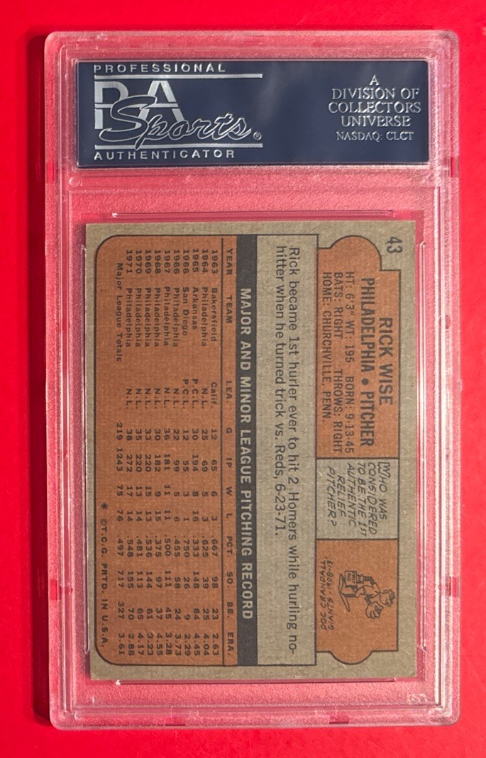 1972 TOPPS RICK WISE #43 PSA 5 PHILADELPHIA PHILLIES Graded Baseball Card Vtg view 2