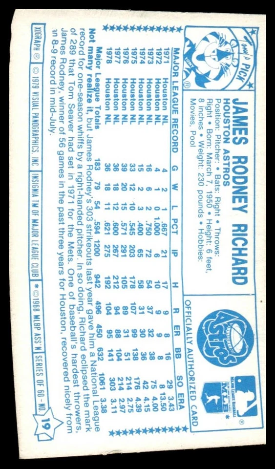 1979 Kellogg's 3-D Super Stars #19b J.R. Richard - Image 2 of 2