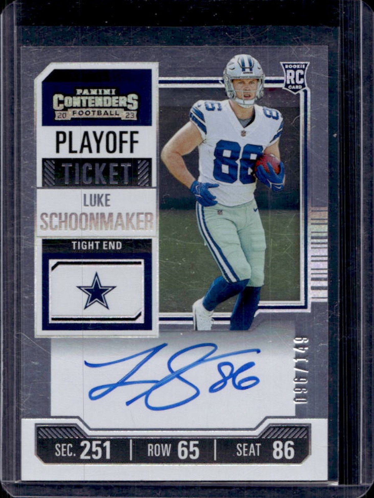 2023 Contenders Luke Schoonmaker RC Playoff Ticket Auto #96/149 Cowboys