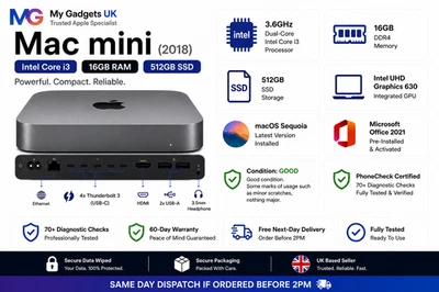 Apple Mac mini 2018 Intel Core i3 3.6GHz 16GB RAM 512GB SSD 10Gb Ethernet - Image 1 of 4