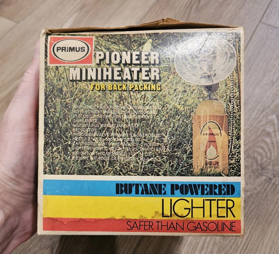 Mini calentador vintage Primus Pioneer mochilero camping Suecia SIN PROBAR en caja Foto 3 de 4