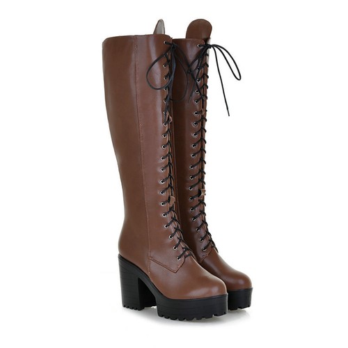 Stivali donna punk tacco a blocco stringati al ginocchio equitazione plateau cerniera laterale scarpe - Foto 14 di 18