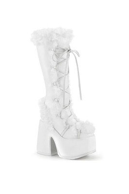 DEMONIA CAMEL-311 Faux Fur 5'' Chunky Heel White Womens Size 10 Knee High Boots