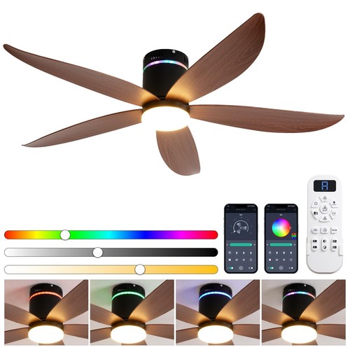 52" Black Ceiling Fan with Lights,Flush Mount Ceiling Fans with Bluetooth Spe...