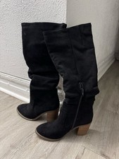 Tall Black Suede-Look Stacked Heel Boots with Side Zip