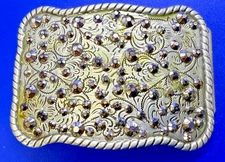Western Flower Swirl Ornate Silver Color Belt Buckle W Metal Studded Rhinestones