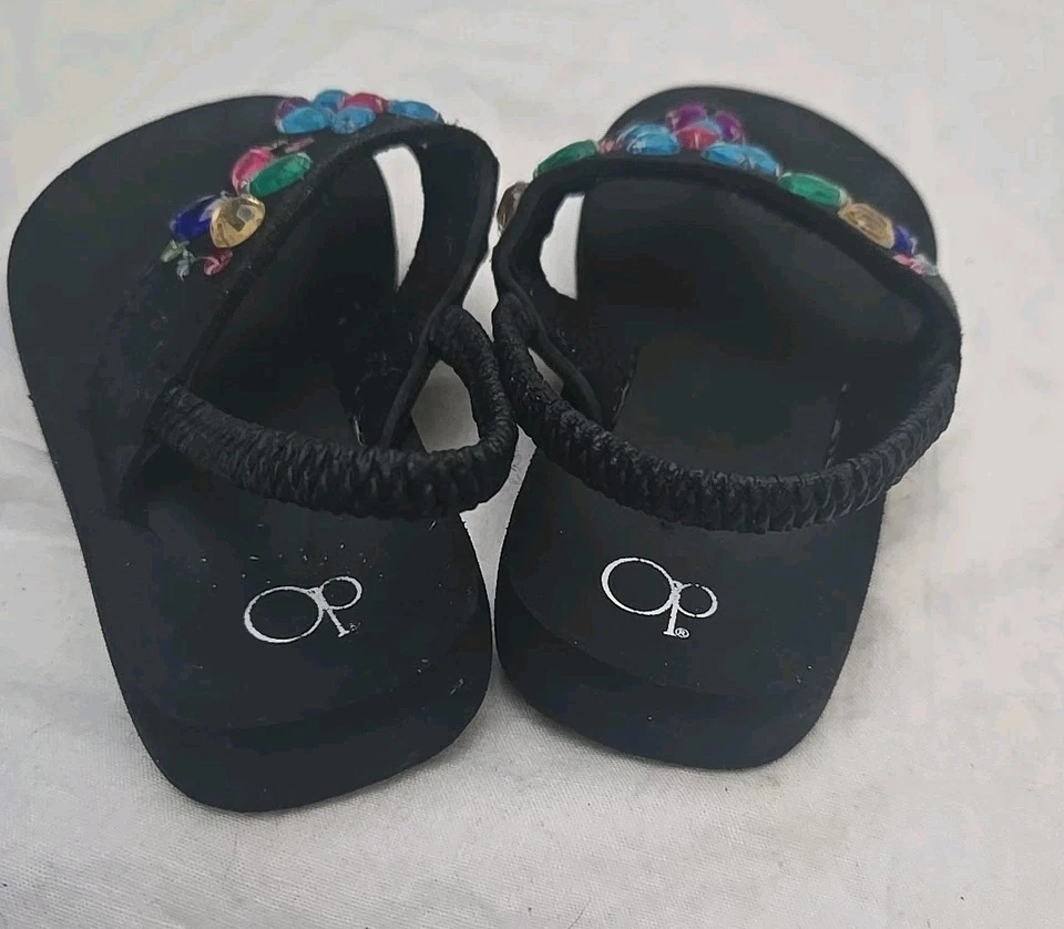 Toddler Girls Op Black Flip Flops with Rhinestones Gems Flowers Ankle Strap 9-10 - Image 3 of 4