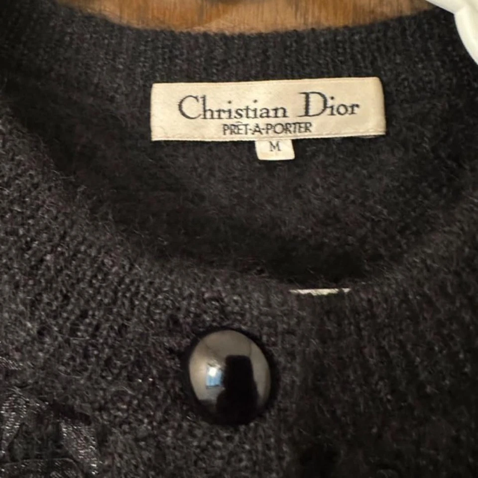 Cárdigan Christian Dior M Negro Encaje Rosa Patrón Manga Larga Suéter Foto 3 de 4