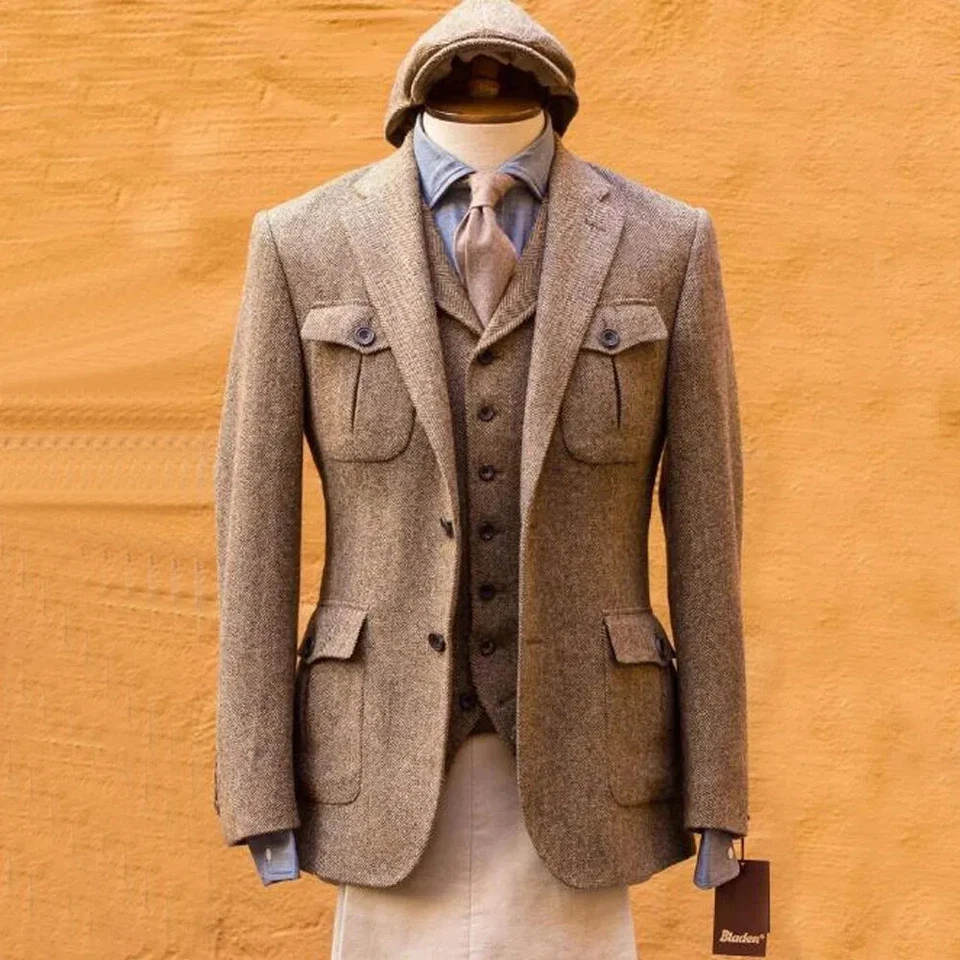 Blazer de tweed para hombre caqui vintage invierno negocios esmoquin mezcla de lana chaquetas chaleco Foto 2 de 4