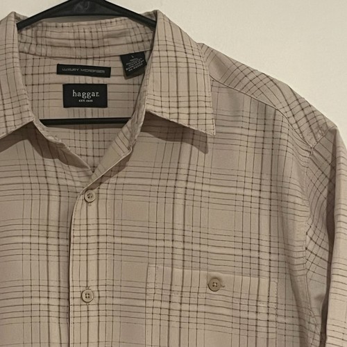 Haggar Mens Tan Plaid Luxury Microfiber Button Up Short Sleeve Shirt Size Large