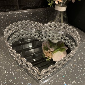 25cm JEWELLED DIAMANTE HEART MIRROR TRAY HEART CANDLE PLATE  WEDDING TABLE TRAY