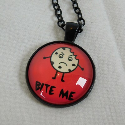 Bite Me Chocolate Chip Cookie Frowning Black Cabochon Pendant Chain Necklace Rd