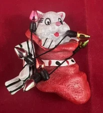 White Cat in Festive Red Stocking with String of Lights 2” Christmas Brooch Pin