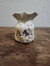 Vtg Raj Calif M02188 Porcelain Drawstring Bag Butterfly Floral Vase Orig Sticker