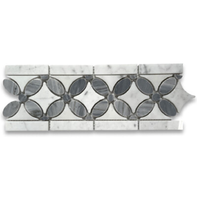 C9C7BXP White Carrara Venato Marble Flower Mosaic Border Tile Gray Polished