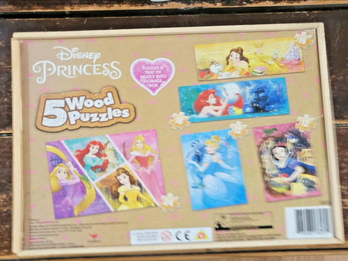 Disney Princess Jigsaw Puzzles Wood 5-Pack, Sealed Storage Box Collection
