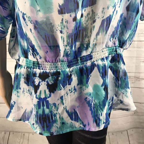 Rock & Republic Blouse XL Semi-Sheer Blue Watercolor Print Studded Sleeves Top - Picture 11 of 12