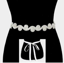 Crystal Rhinestone Ribbon Sash Belt Wedding Bridal Cocktail Clear White Kimono