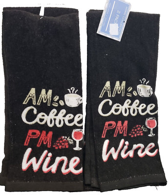 2pc Same Kitchen Cotton Terry Towels Set (15''x28'')AM COFFEE,PM WINE ON BLACK,TBO