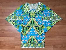 Trina Turk Dress Womens M Blue Pink Green Floral Stretch V-neck Colorful