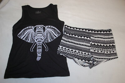 Womens Pajama Set ELEPHANT Black Soft Knit Tank Top TRIBAL PRINT Shorts S  4-6