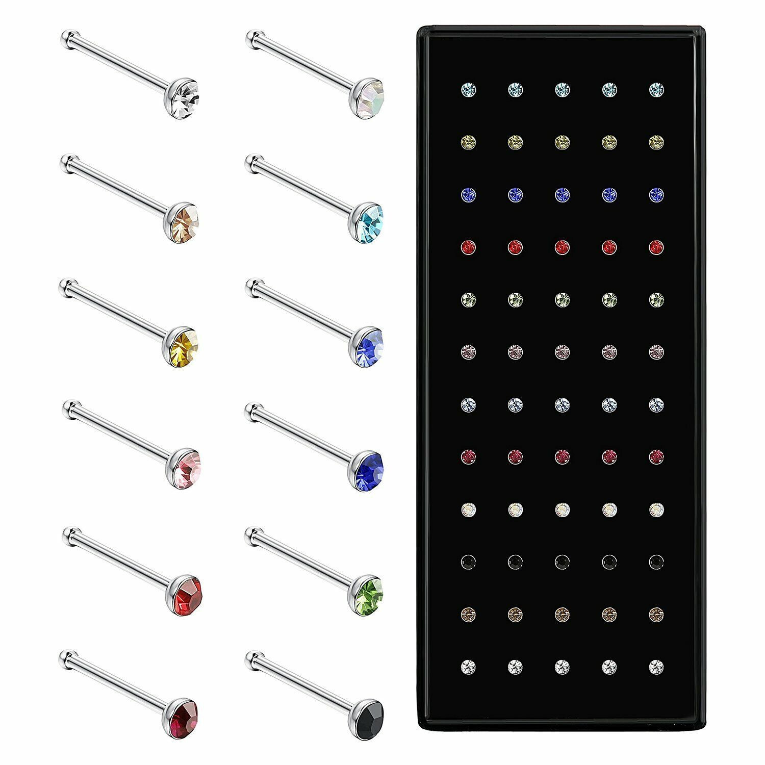 60 pcs CZ Nose Studs 22G Stainless Steel Rings Bone Pin Body Piercing Jewelry