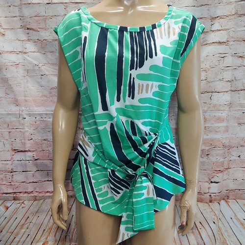 New York & Co Abstract Faux Wrap Tie Cap Sleeve Blouse - Picture 15 of 16