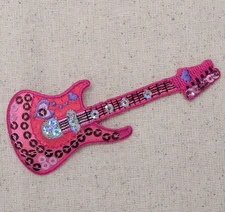 Hot Pink Electric Guitar - Sequins/Music/50s Iron on Applique/Embroidered Patch