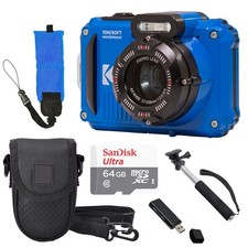 Kodak PIXPRO WPZ2 Digital Camera Blue  Case  Foam Floating Strap -64GB Kit