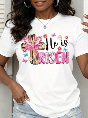 He Is Risen Easter Cross Bunny Ears Floral Design Christian Women's T-Shirt