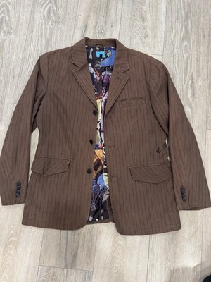 Volcom Blazer Jacket Mens Large Brown Pinstripe Graphic Lining Beige Skater