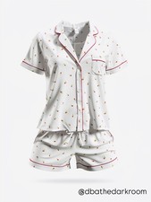 Women's Cherry Print Pajama Set, Short Sleeve, Collared, Button Piping Accents