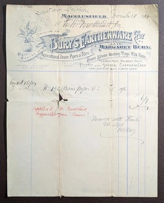 1914 Bury s Earthenware Co Macclesfield Abflussrohre & Steingut Rechnung