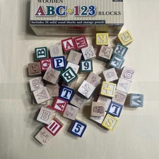 Melissa & Doug 48 Classic Solid Wood Building Blocks w/Pictures Letters Numbers